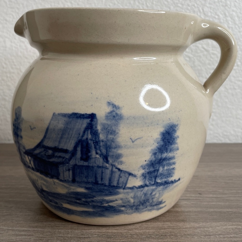 Vintage P. R. Paul Storie Pitcher  Pottery Co Marshall TX Blue Barn 5.5” Tall